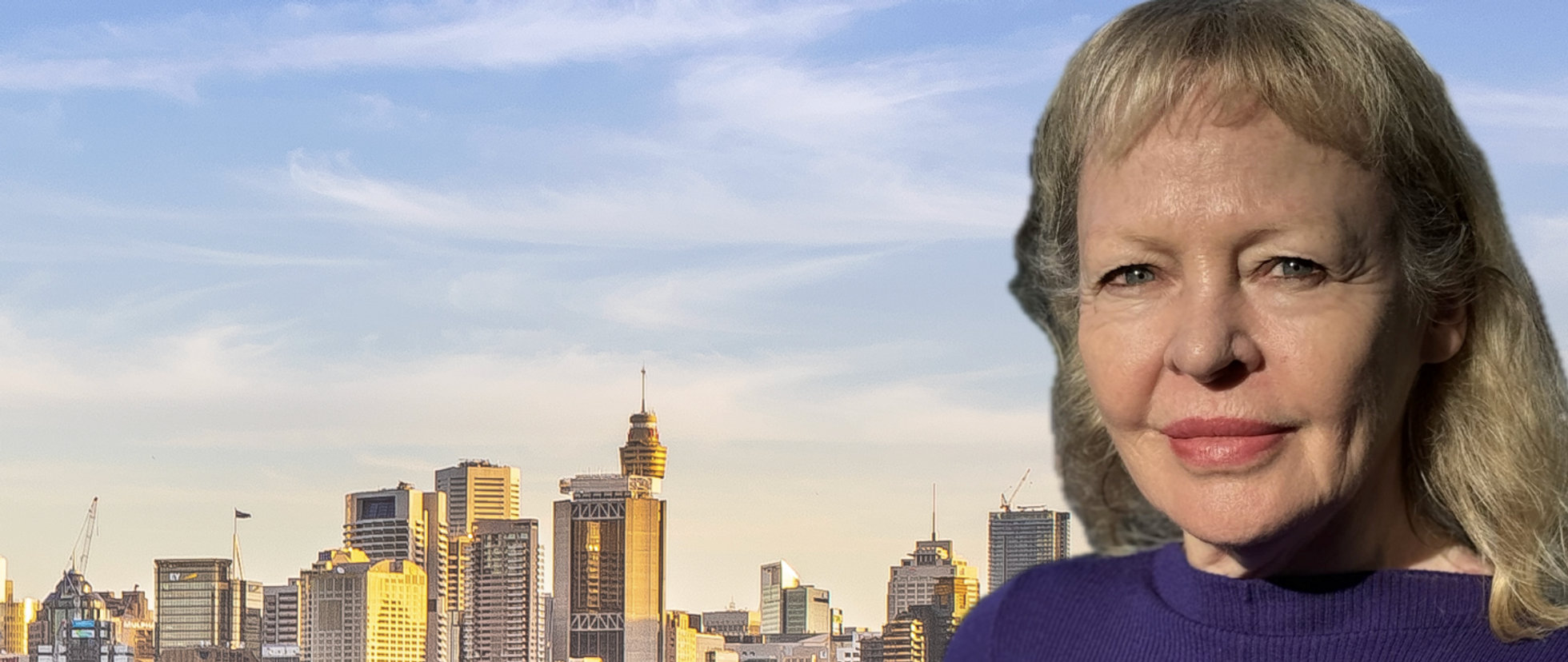 Susan Ritchie with Sydney City Skyline behind her